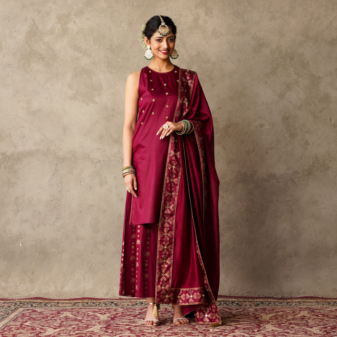 Plum sleeveless Kurta with Hand Embroidery Details with Block Printed Sharara with Chanderi Dupatta (Set of 3)
