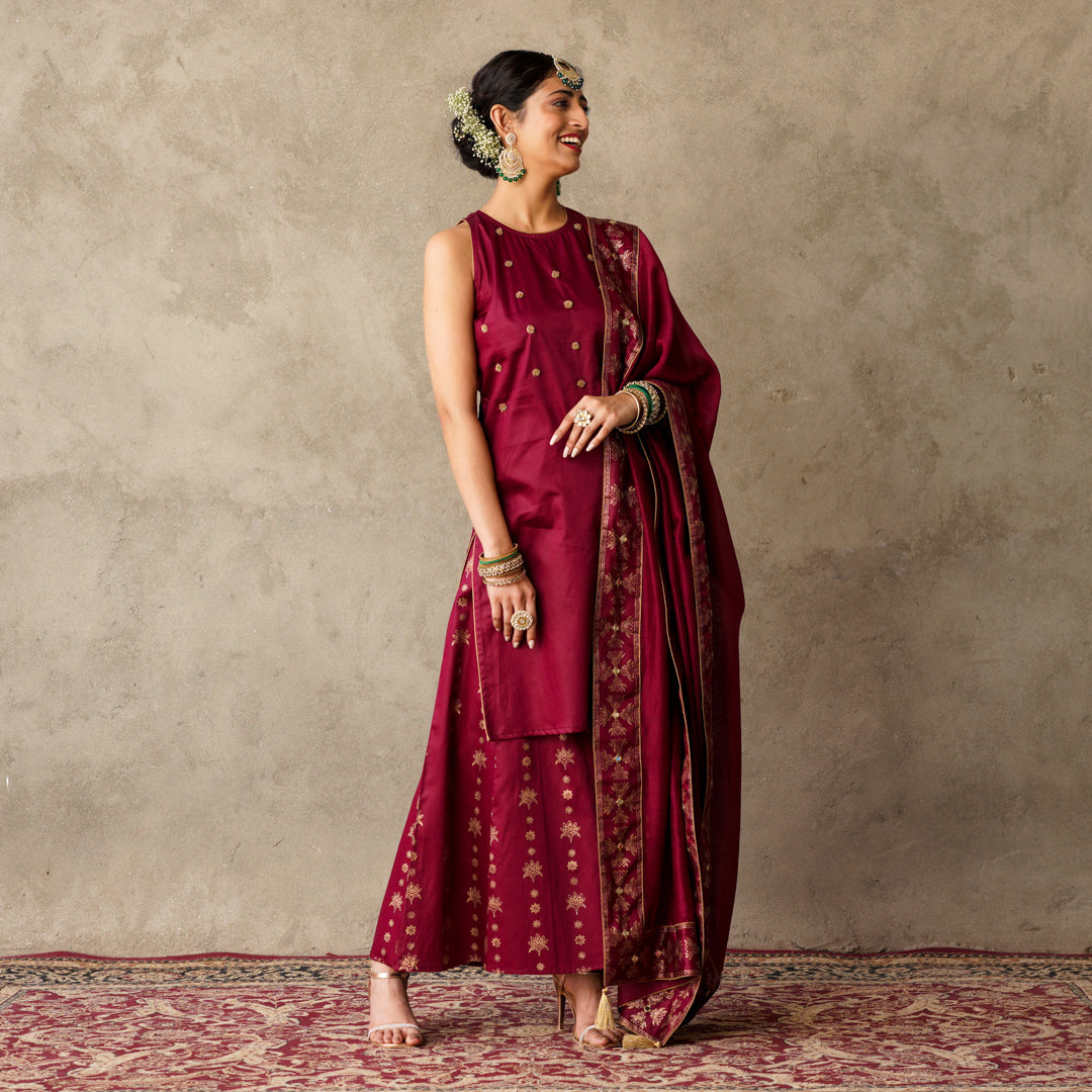 Plum sleeveless Kurta with Hand Embroidery Details with Block Printed Sharara with Chanderi Dupatta (Set of 3)