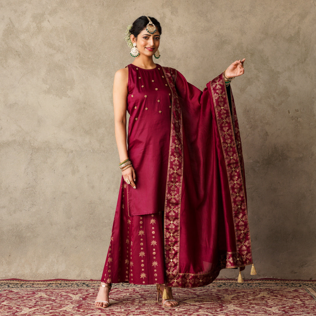 Plum sleeveless Kurta with Hand Embroidery Details with Block Printed Sharara with Chanderi Dupatta (Set of 3)