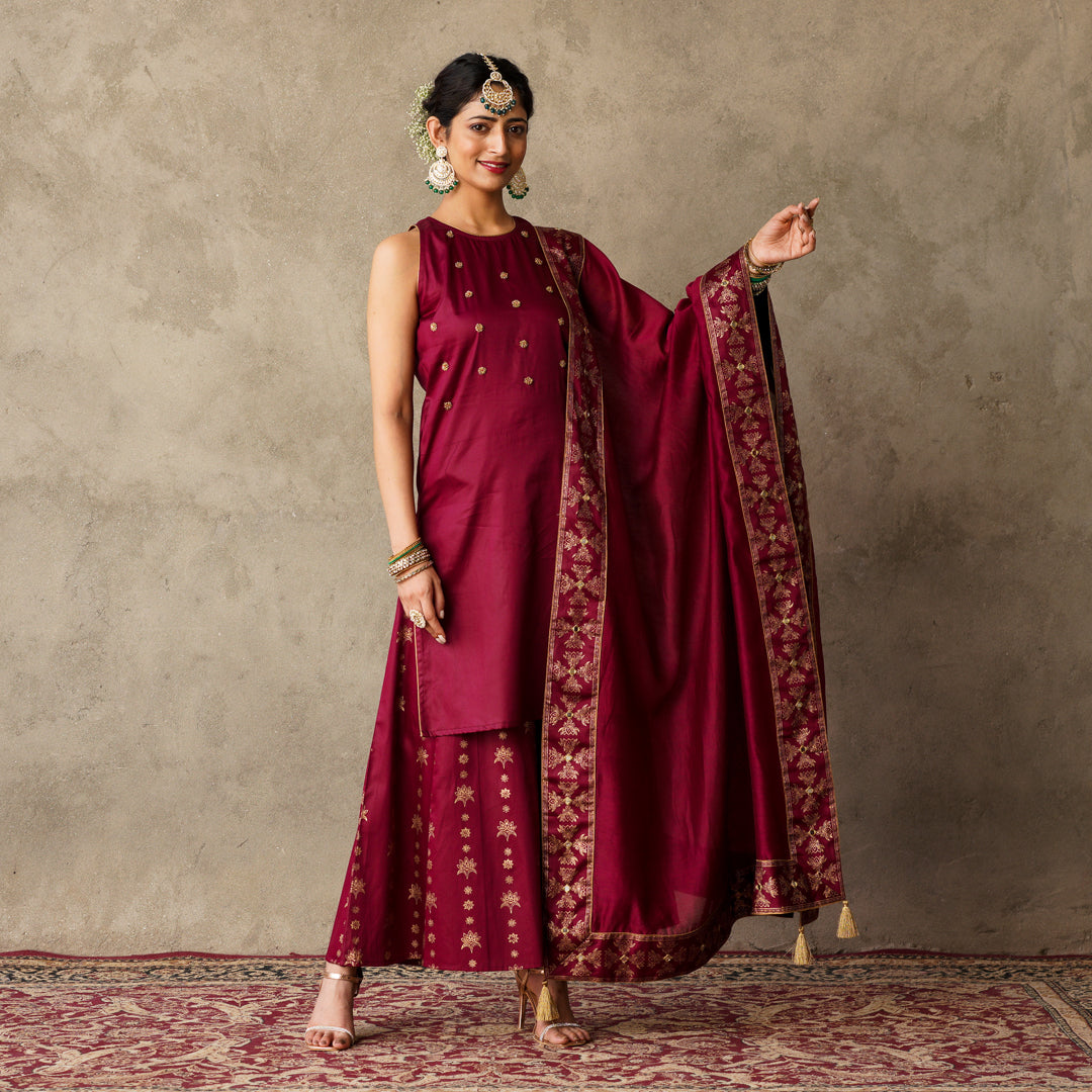 Plum Chanderi Dupatta with Block Printed Border and Embroidery Details
