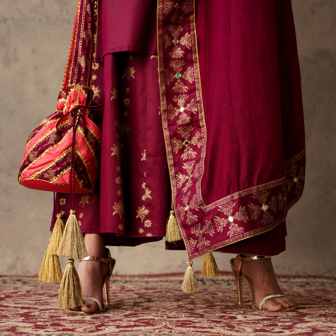 Plum Chanderi Dupatta with Block Printed Border and Embroidery Details