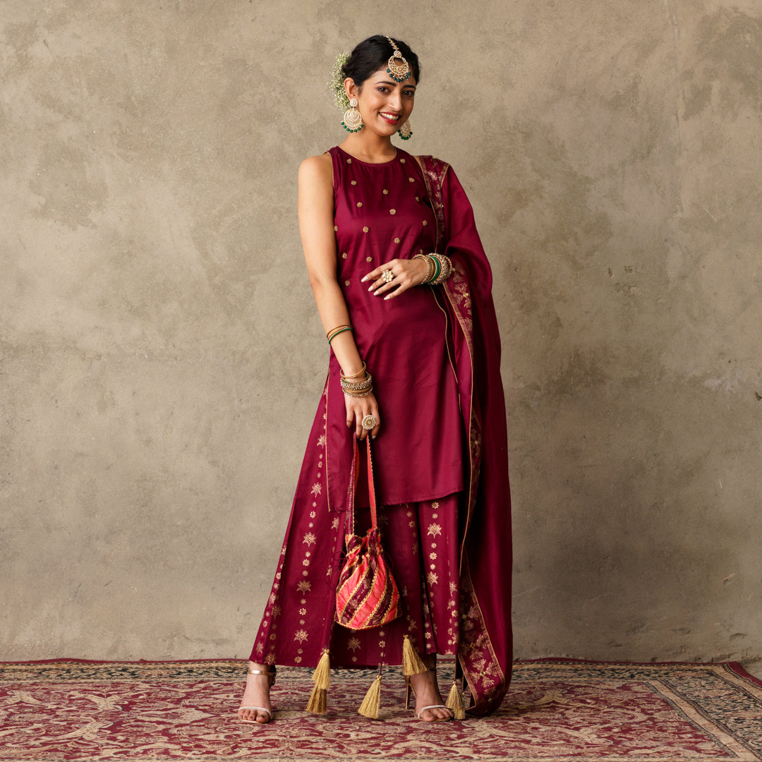 Plum sleeveless Kurta with Hand Embroidery Details with Block Printed Sharara with Chanderi Dupatta (Set of 3)