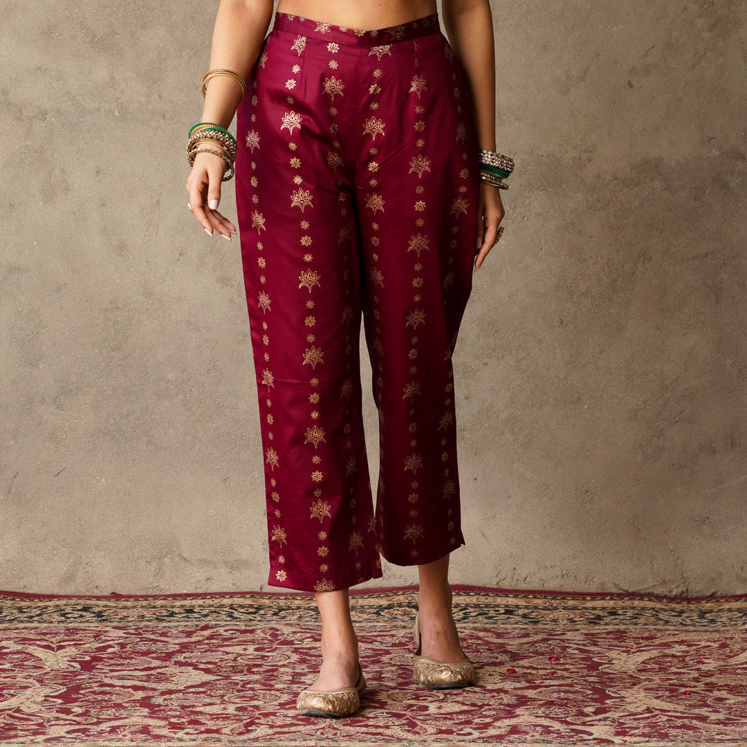 Plum Block Printed Cotton Straight Pants