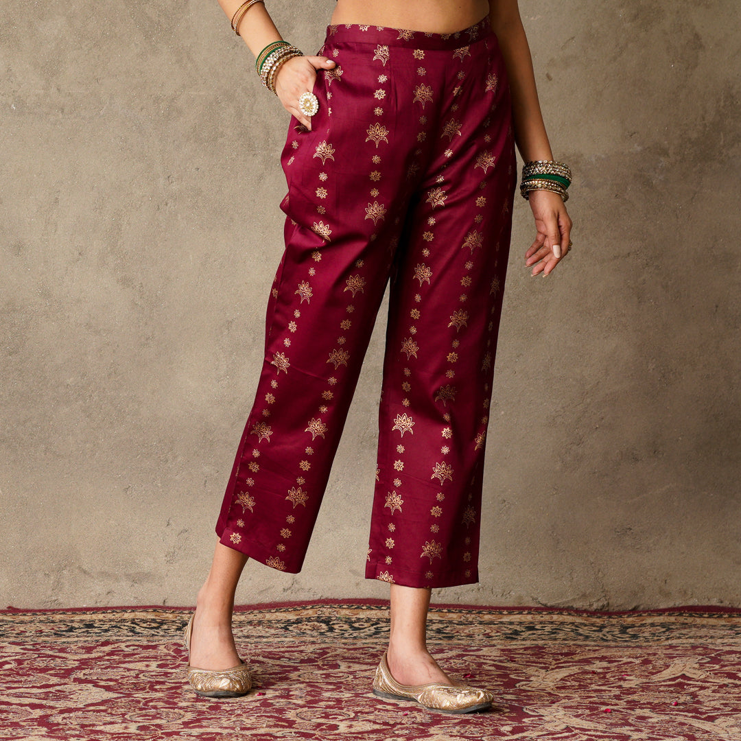 Plum Block Printed Cotton Straight Pants