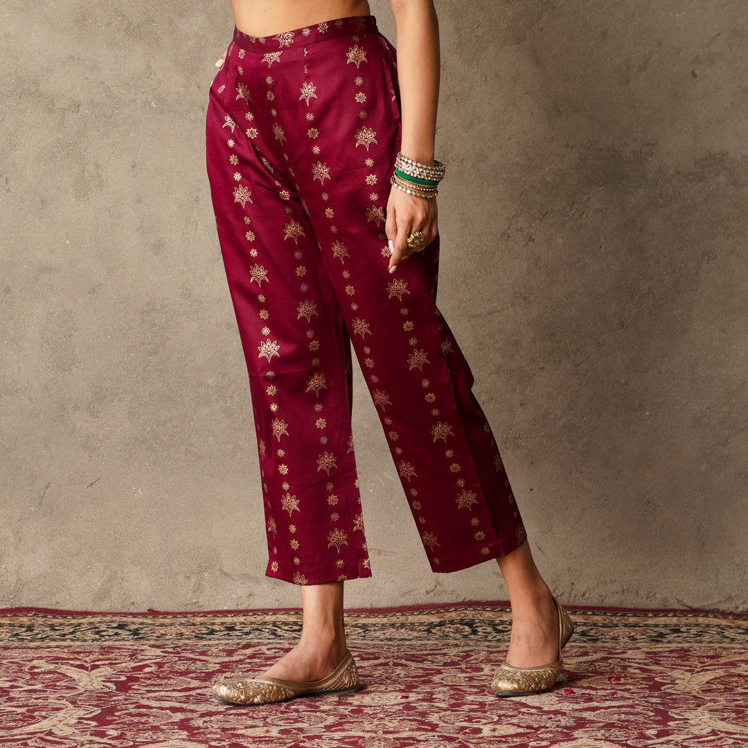 Plum Block Printed Cotton Straight Pants