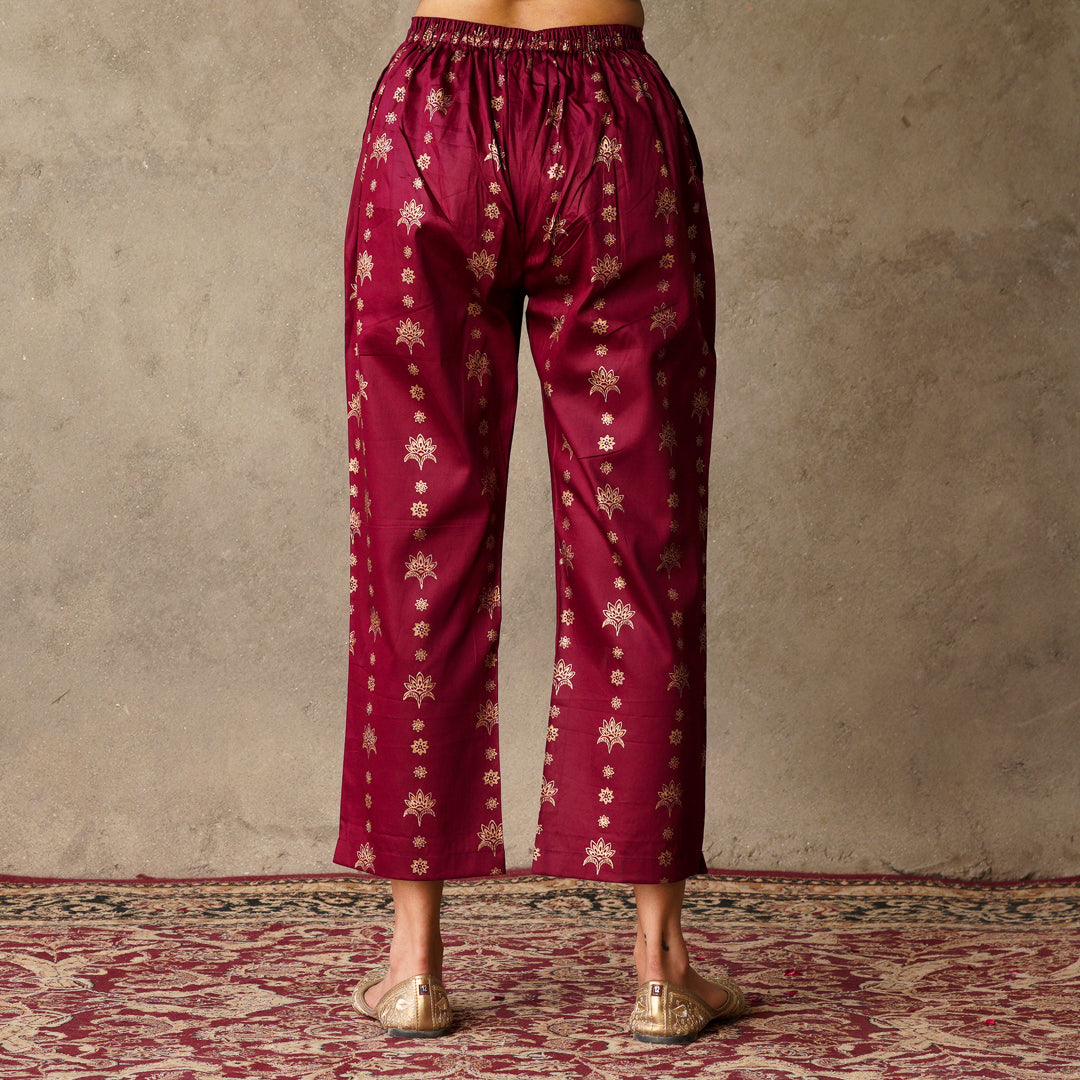 Plum Block Printed Cotton Straight Pants