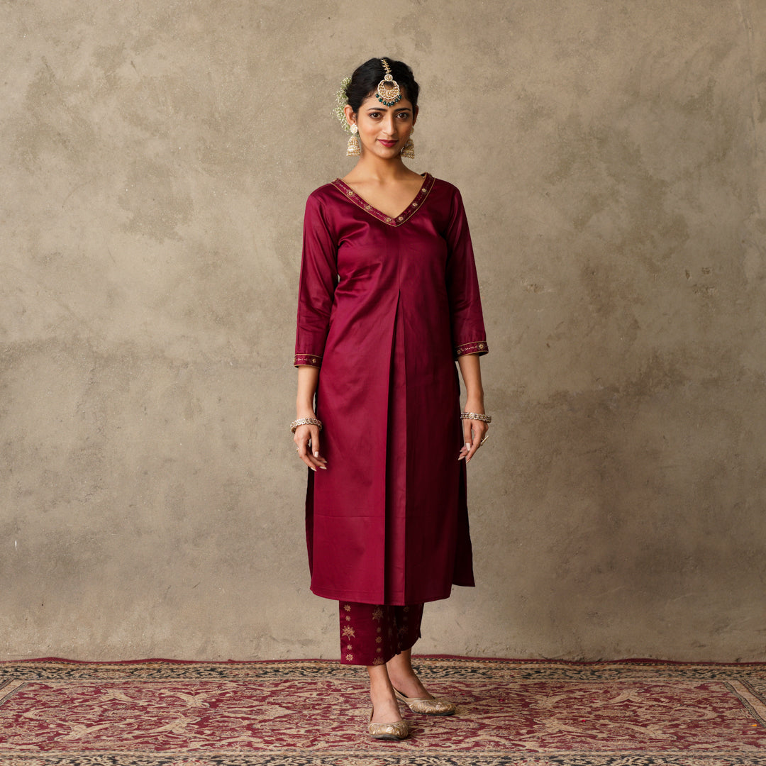 Front Pleat Solid Plum Kurta with Hand Embroidery and Gold Printed Details