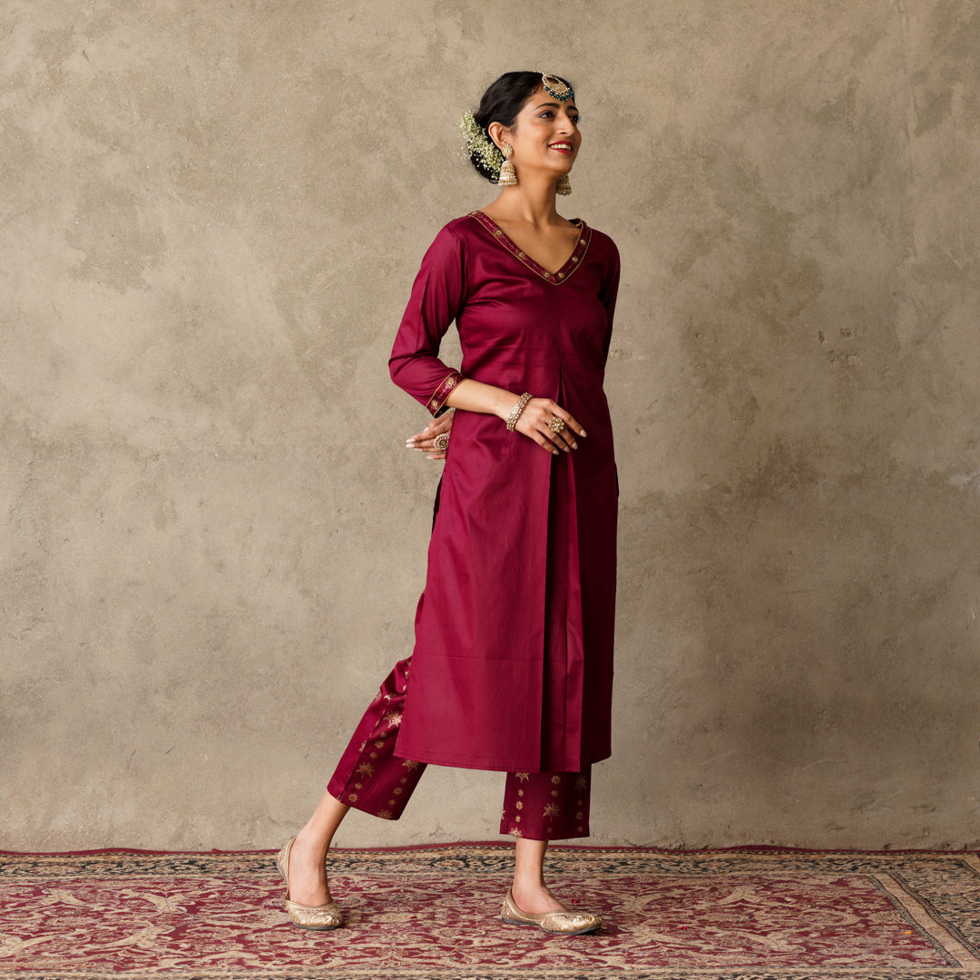 Front Pleat Solid Plum Kurta with Hand Embroidery and Gold Printed Details