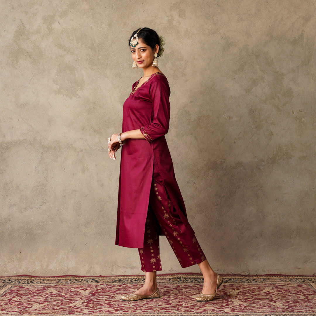 Front Pleat Solid Plum Kurta with Hand Embroidery and Gold Printed Details