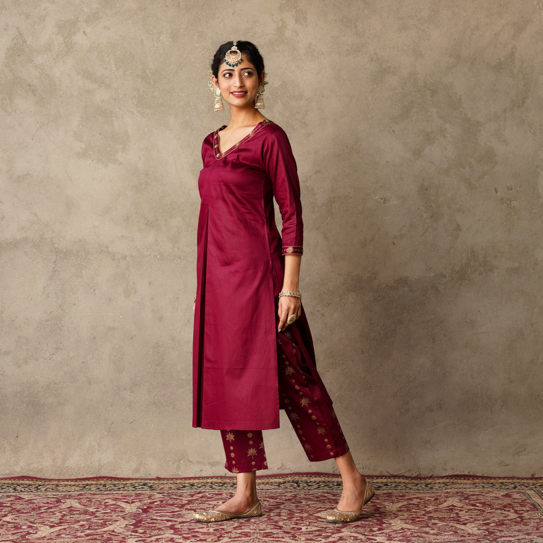 Front Pleat Solid Plum Kurta with Hand Embroidery and Gold Printed Details