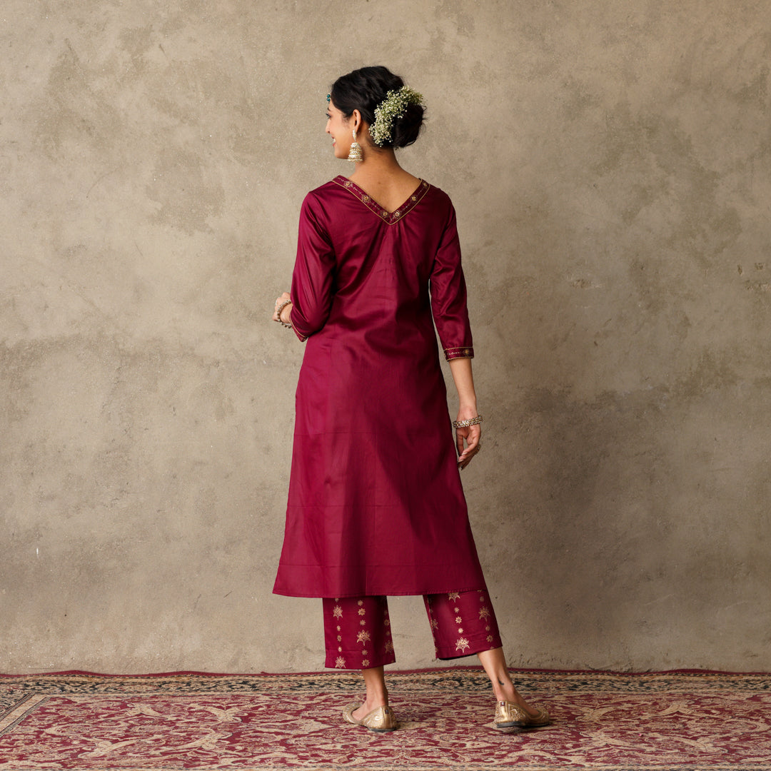 Front Pleat Solid Plum Kurta with Hand Embroidery and Gold Printed Details