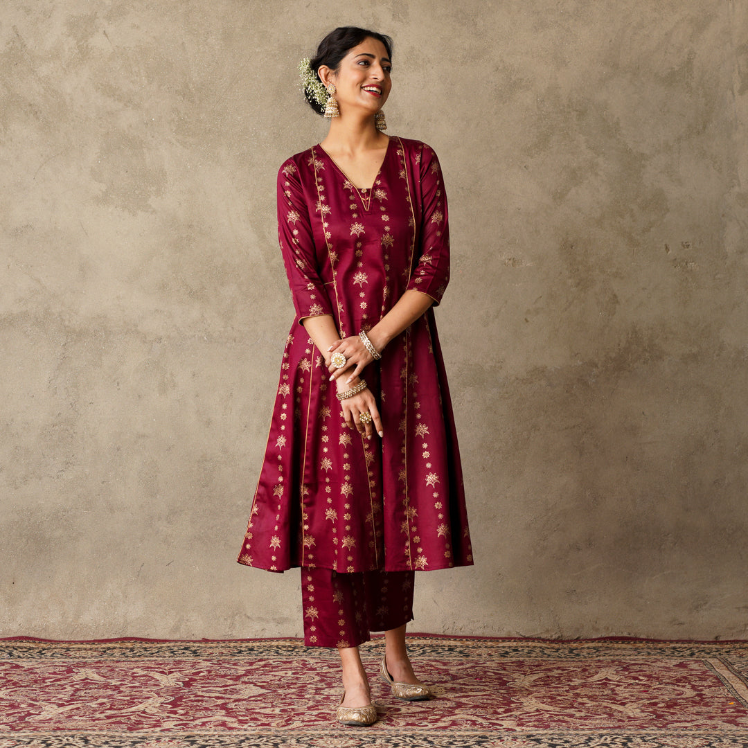 Plum Block Printed Anarkali Kurta with Hand Embroidery and Piping Details