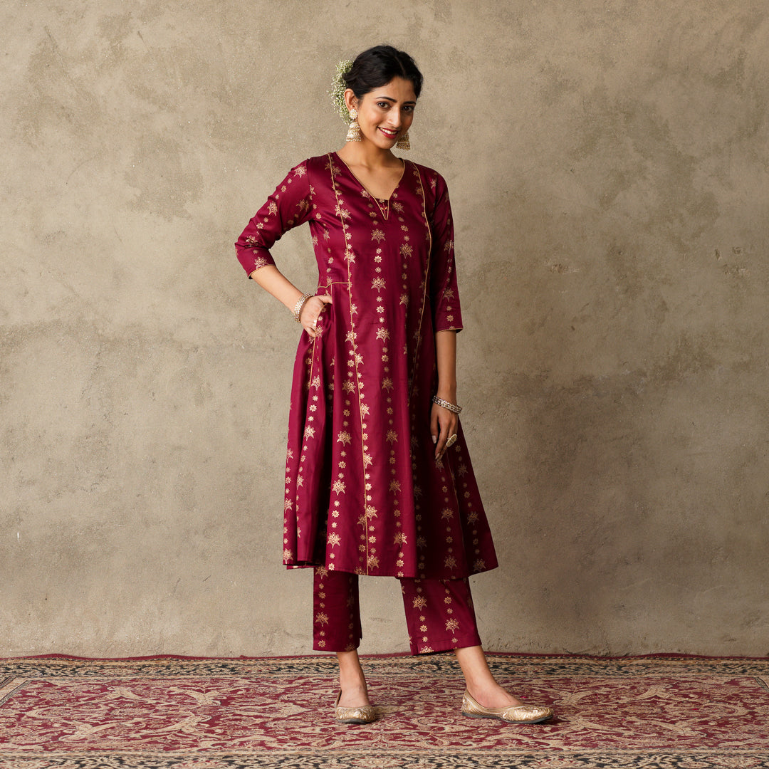 Plum Block Printed Anarkali Kurta with Hand Embroidery and Piping Details
