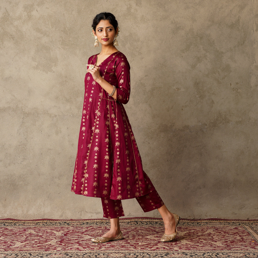 Plum Block Printed Anarkali Kurta with Hand Embroidery and Piping Details