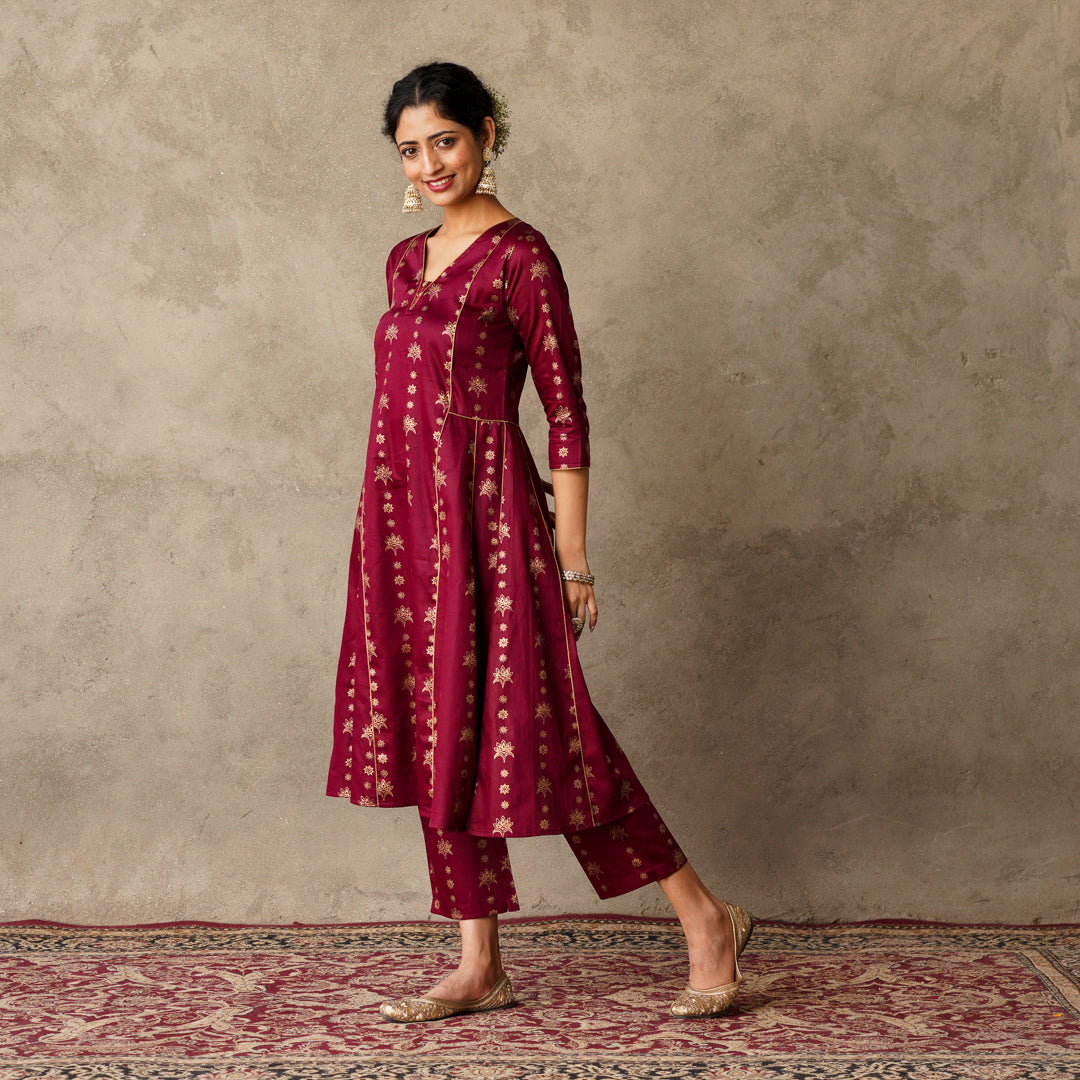 Plum Block Printed Anarkali Kurta with Hand Embroidery and Piping Details