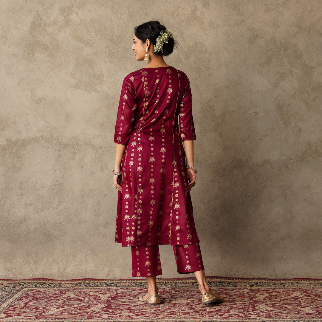 Plum Block Printed Anarkali Kurta with Hand Embroidery and Piping Details