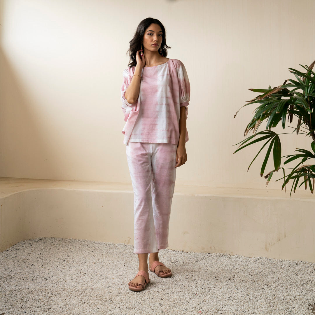 Blush pink shibori tie dye oversized top paired with tie dye trousers co-ord set