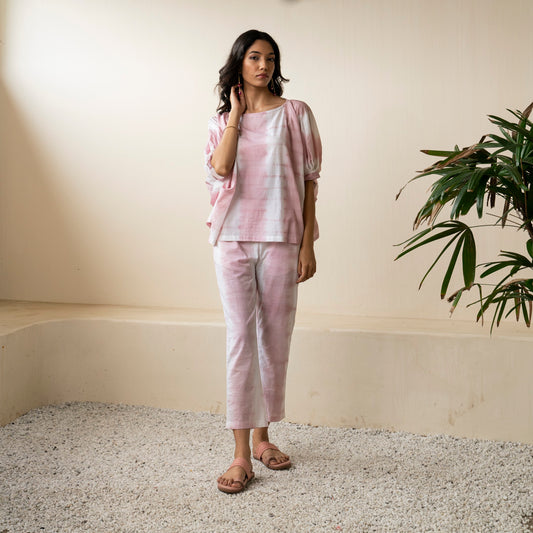 Blush pink shibori tie dye oversized top paired with tie dye trousers co-ord set