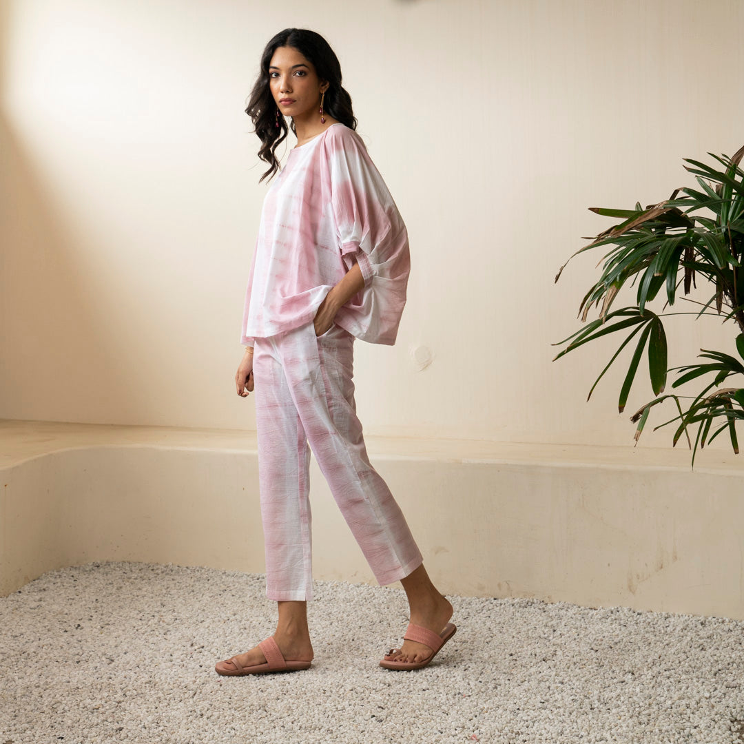 Blush pink shibori tie dye oversized top paired with tie dye trousers co-ord set