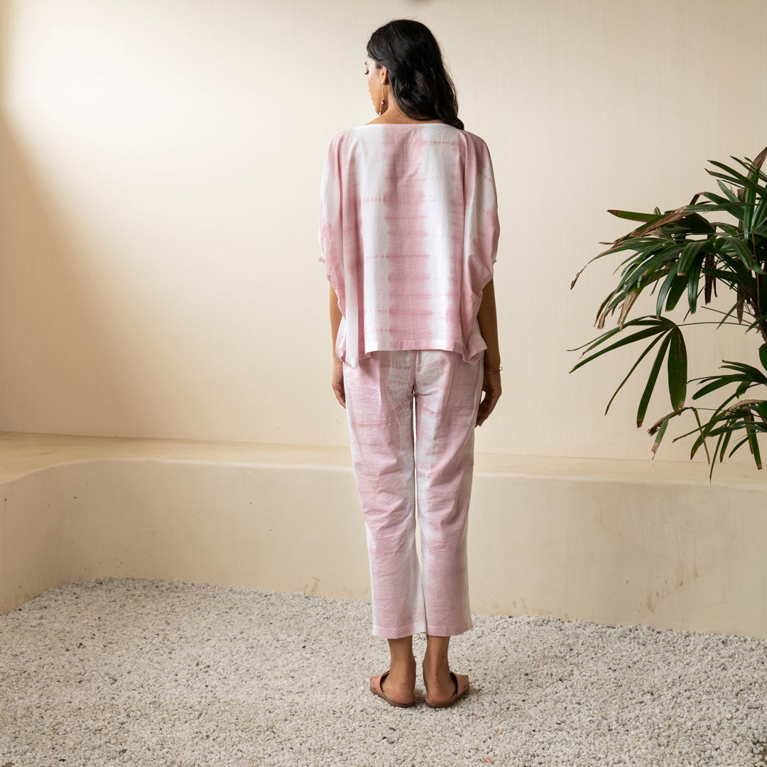 Blush pink shibori tie dye oversized top paired with tie dye trousers co-ord set