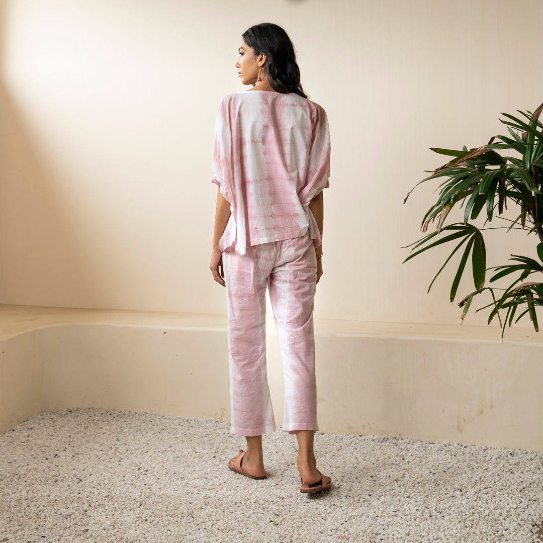 Blush pink shibori tie dye oversized top paired with tie dye trousers co-ord set