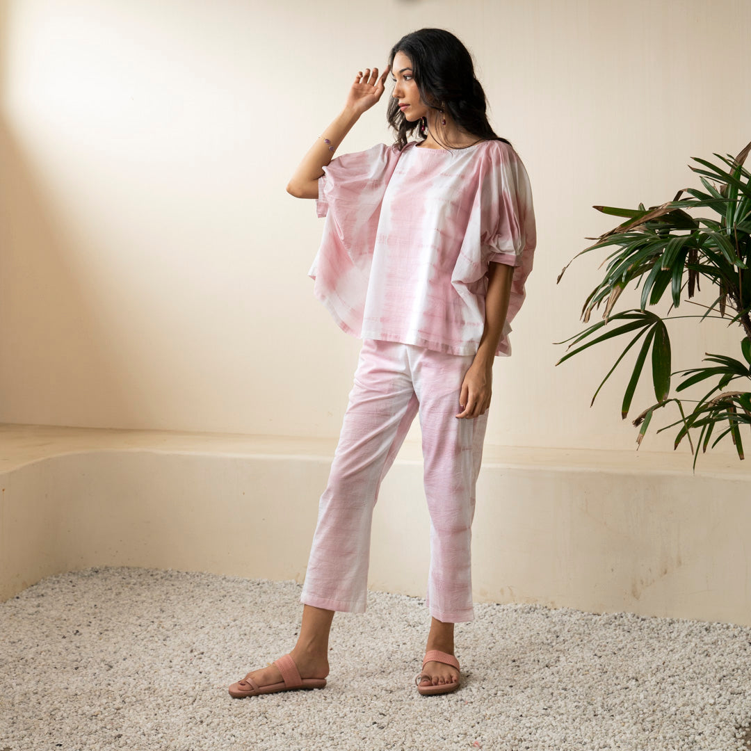 Blush pink shibori tie dye oversized top paired with tie dye trousers co-ord set