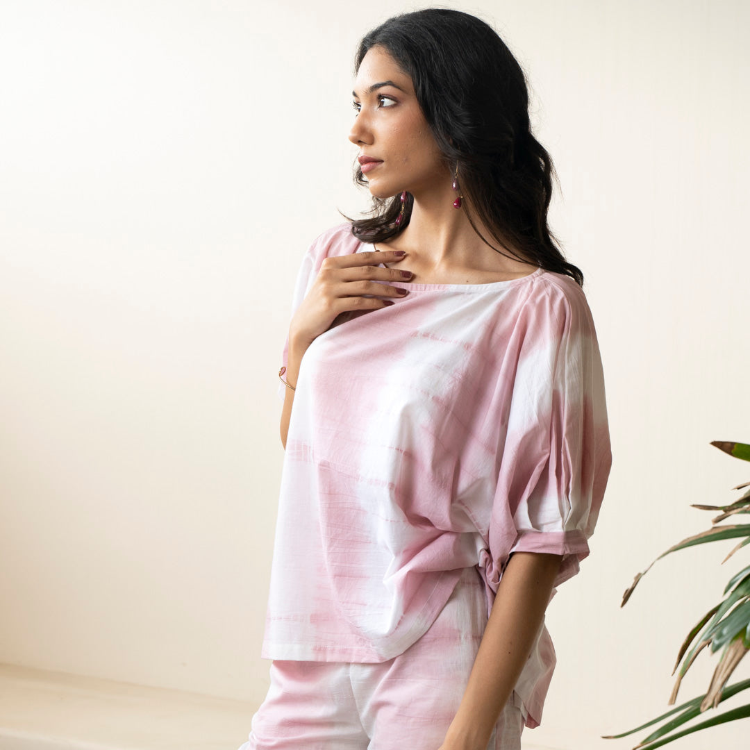 Blush pink shibori tie dye oversized top paired with tie dye trousers co-ord set
