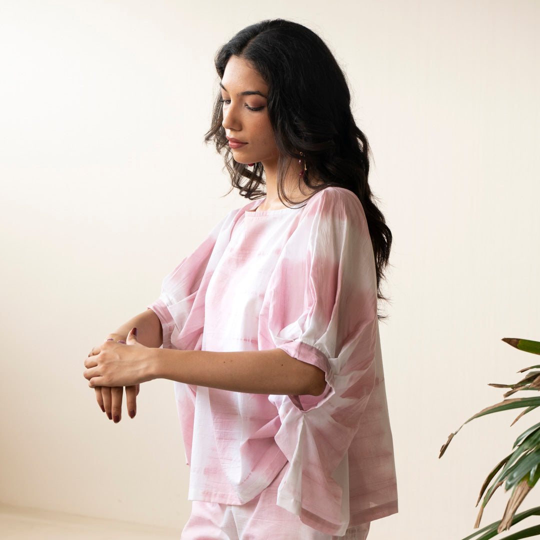 Blush pink shibori tie dye oversized top paired with tie dye trousers co-ord set