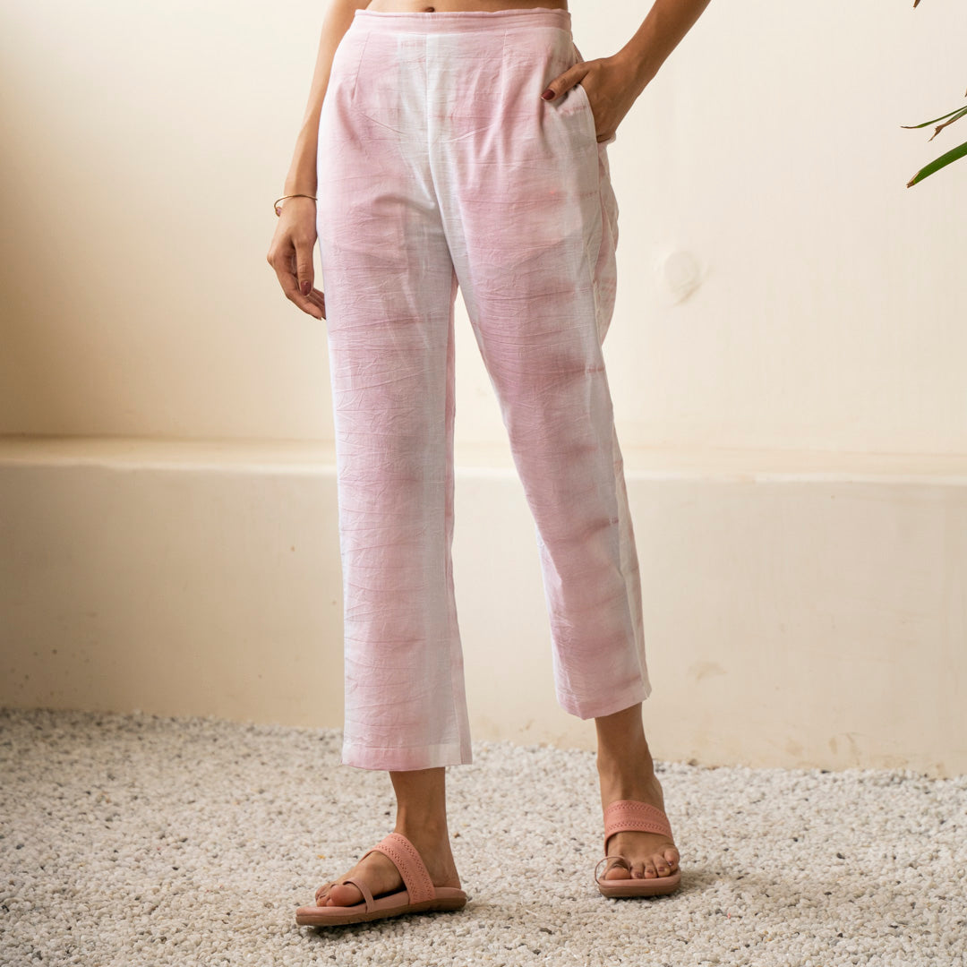 Blush pink shibori tie dye straight fit trousers