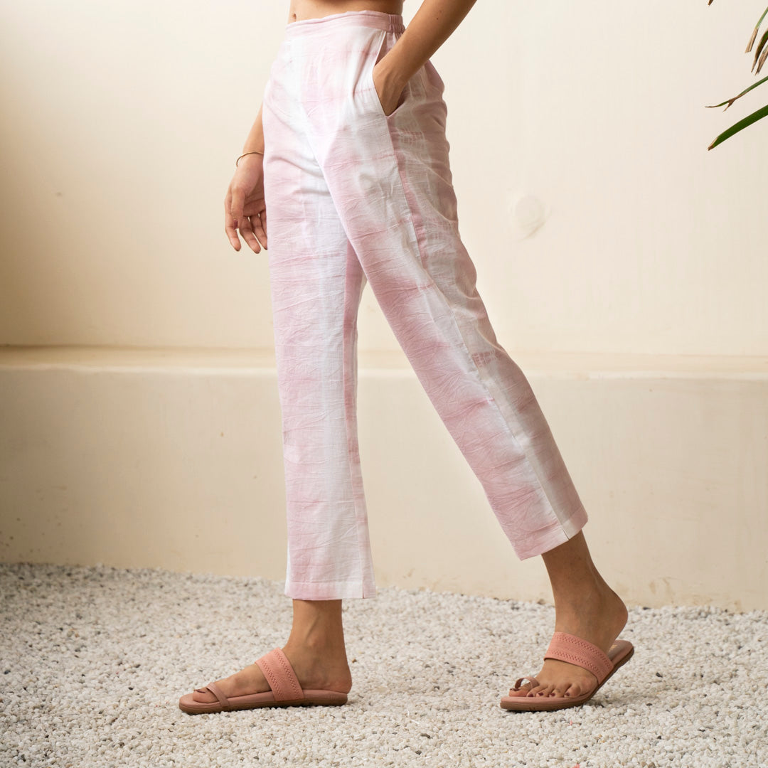 Blush pink shibori tie dye straight fit trousers