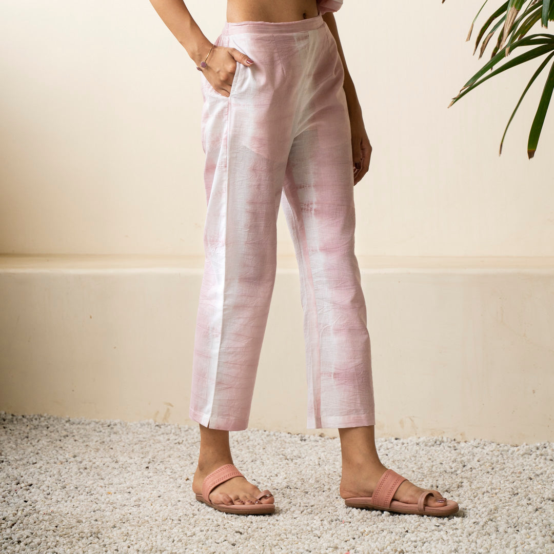 Blush pink shibori tie dye straight fit trousers
