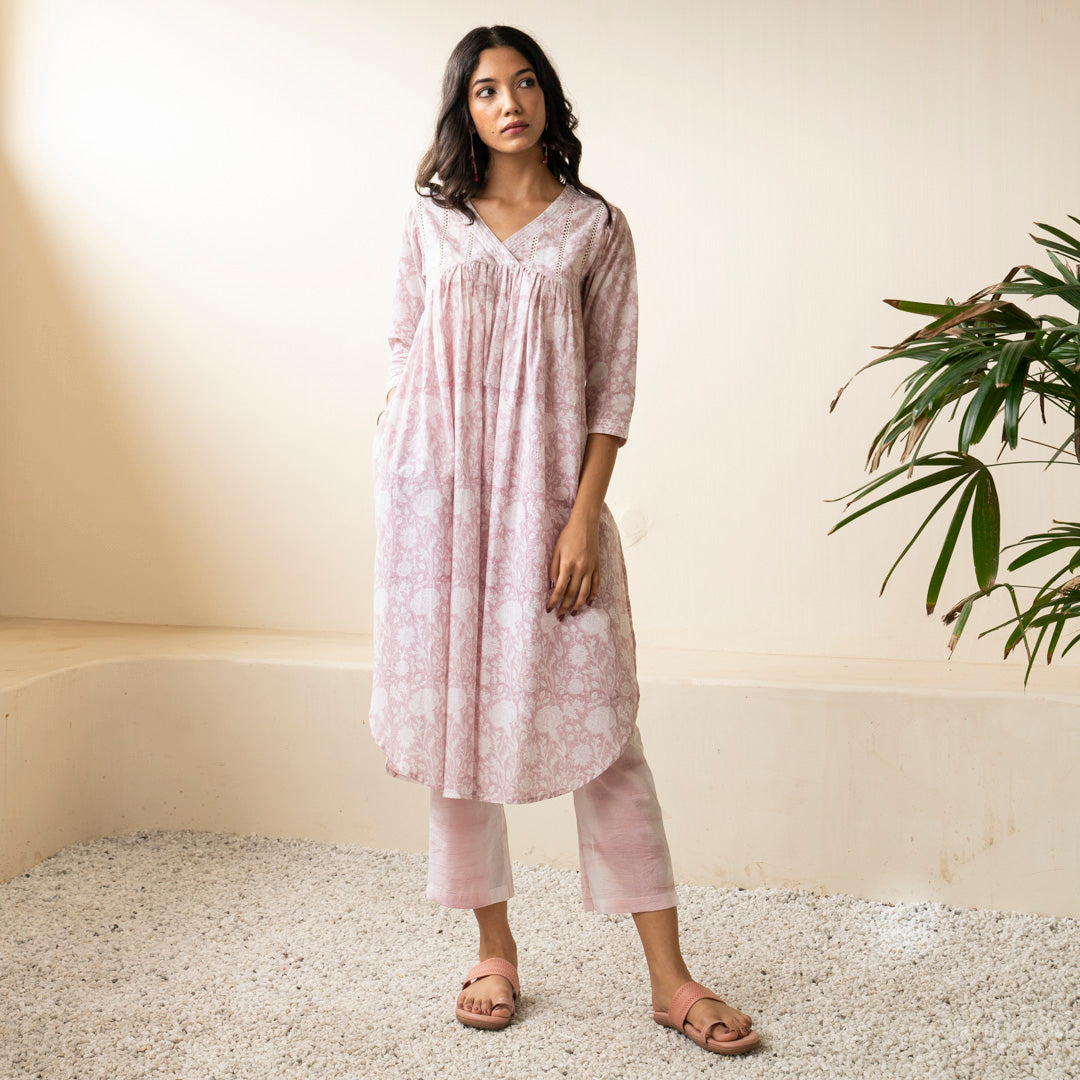 Blush Pink hand block printed kurta with front gather detai