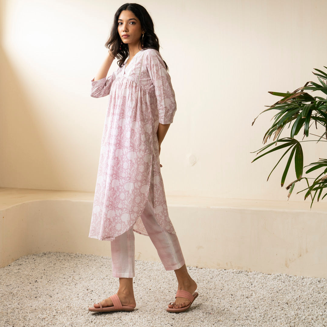 Blush Pink hand block printed kurta with front gather detai