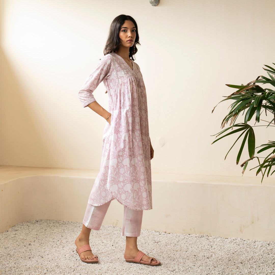 Blush Pink hand block printed kurta with front gather detail paired with shibori tie dye trousers set