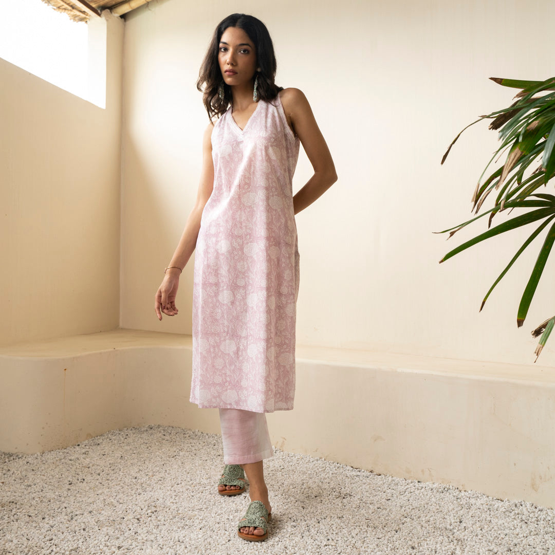 Blush Pink hand block printed sleevless kurti with side slits paired with shibori tie dye trousers set