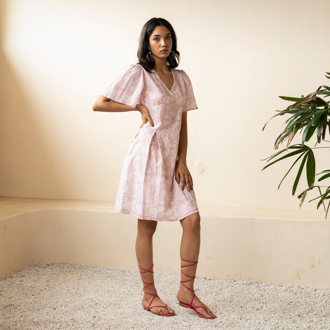 Blush Pink block printed box pleat dress V neck and relaxed sleeves with side pockets