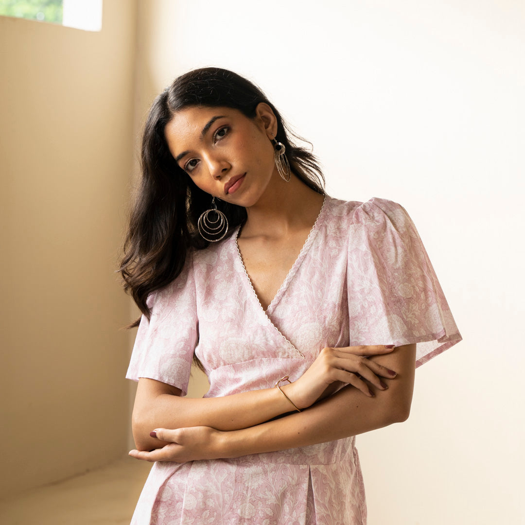 Blush Pink block printed box pleat dress V neck and relaxed sleeves with side pockets