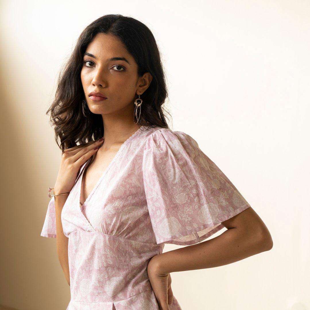 Blush Pink block printed box pleat dress V neck and relaxed sleeves with side pockets