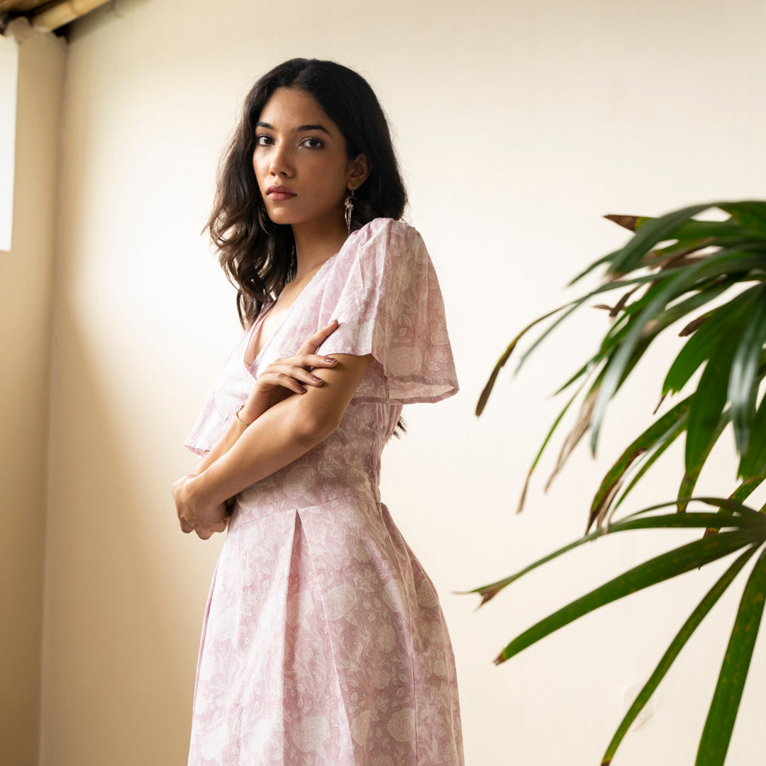 Blush Pink block printed box pleat dress V neck and relaxed sleeves with side pockets