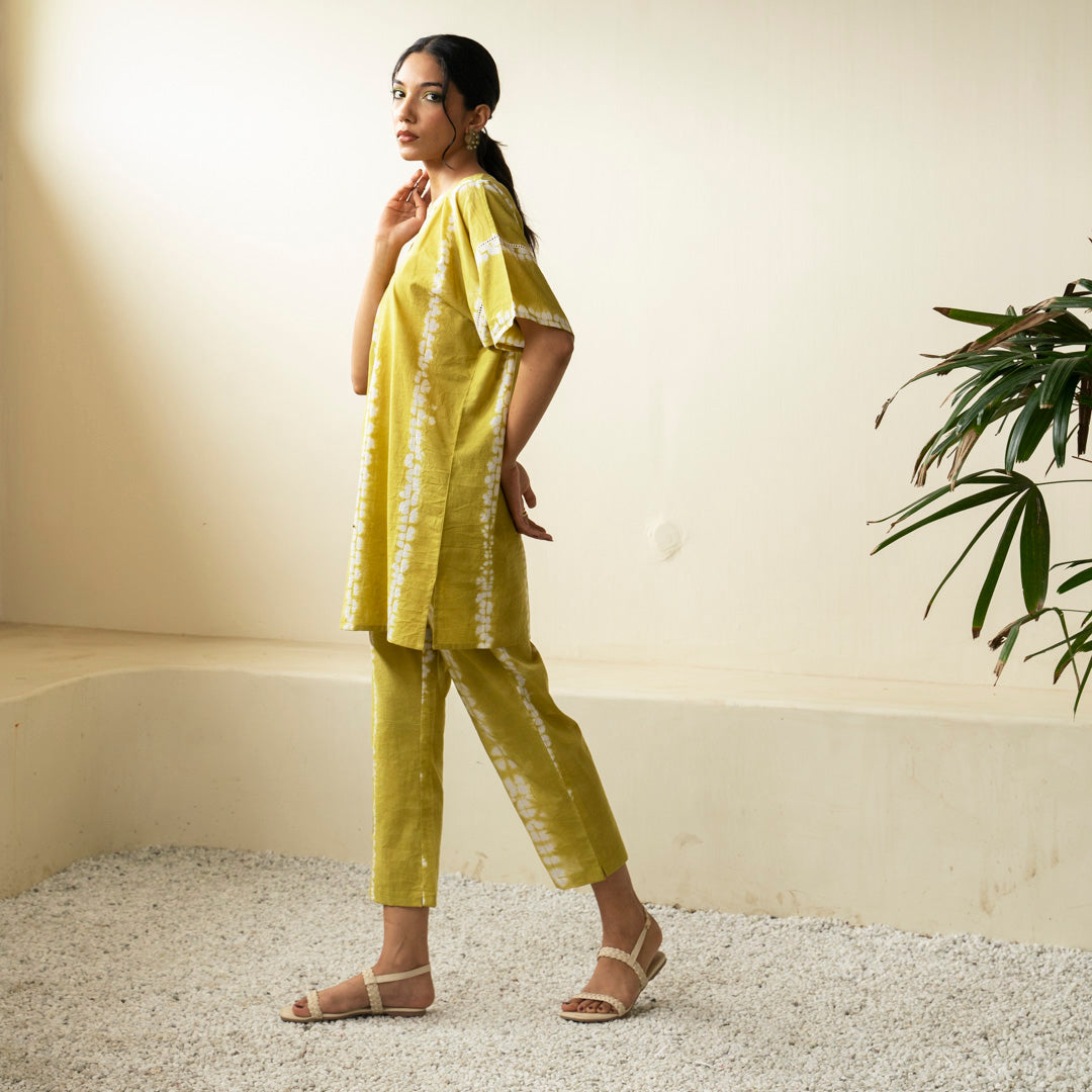 Chartreuse green oversized short kurta with side slits and trouser co-ord set