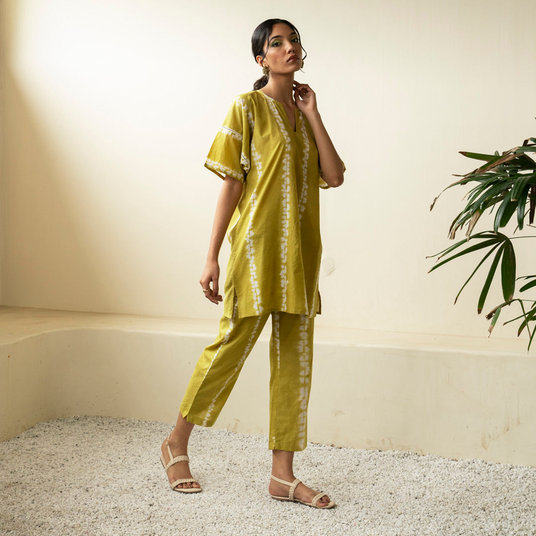 Chartreuse green oversized short kurta with side slits and trouser co-ord set
