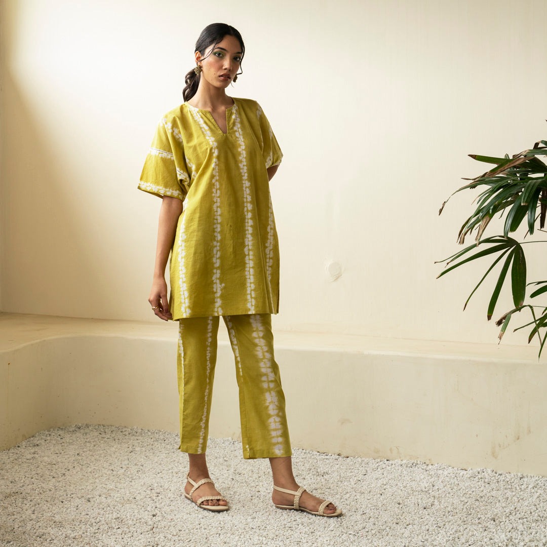 Chartreuse green oversized short kurta with side slits and trouser co-ord set