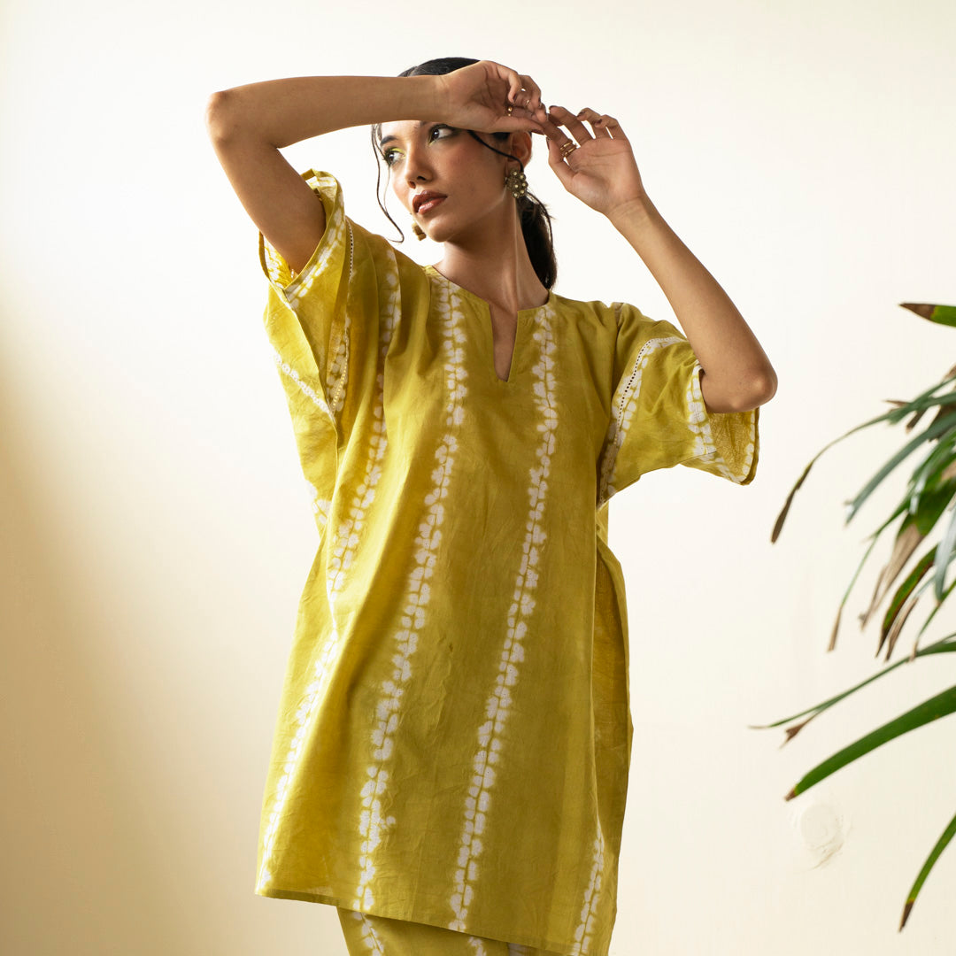 Chartreuse green oversized short kurta with side slits and trouser co-ord set