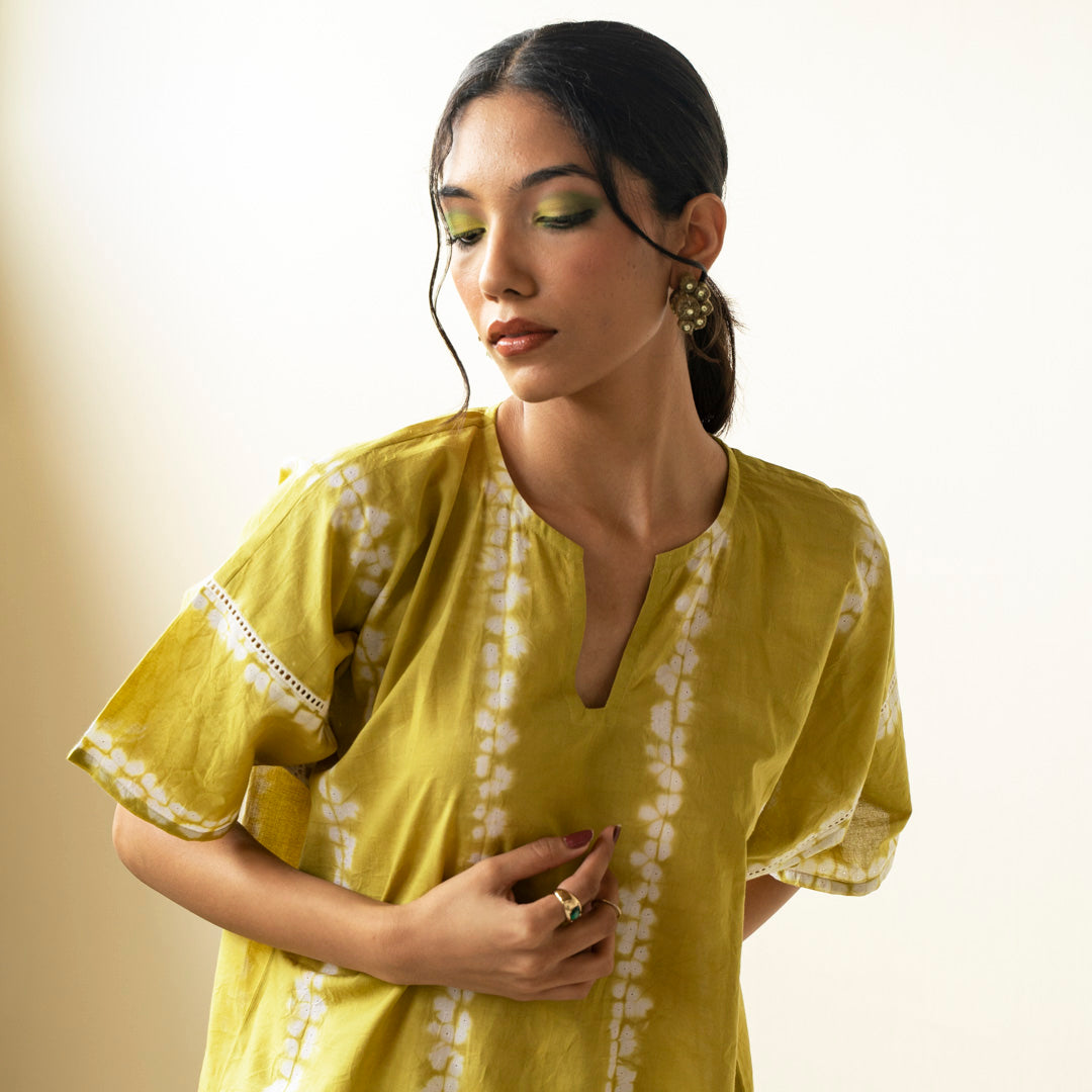 Chartreuse green oversized short kurta with side slits and trouser co-ord set