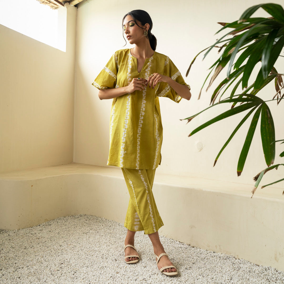 Chartreuse green oversized short kurta with side slits and trouser co-ord set