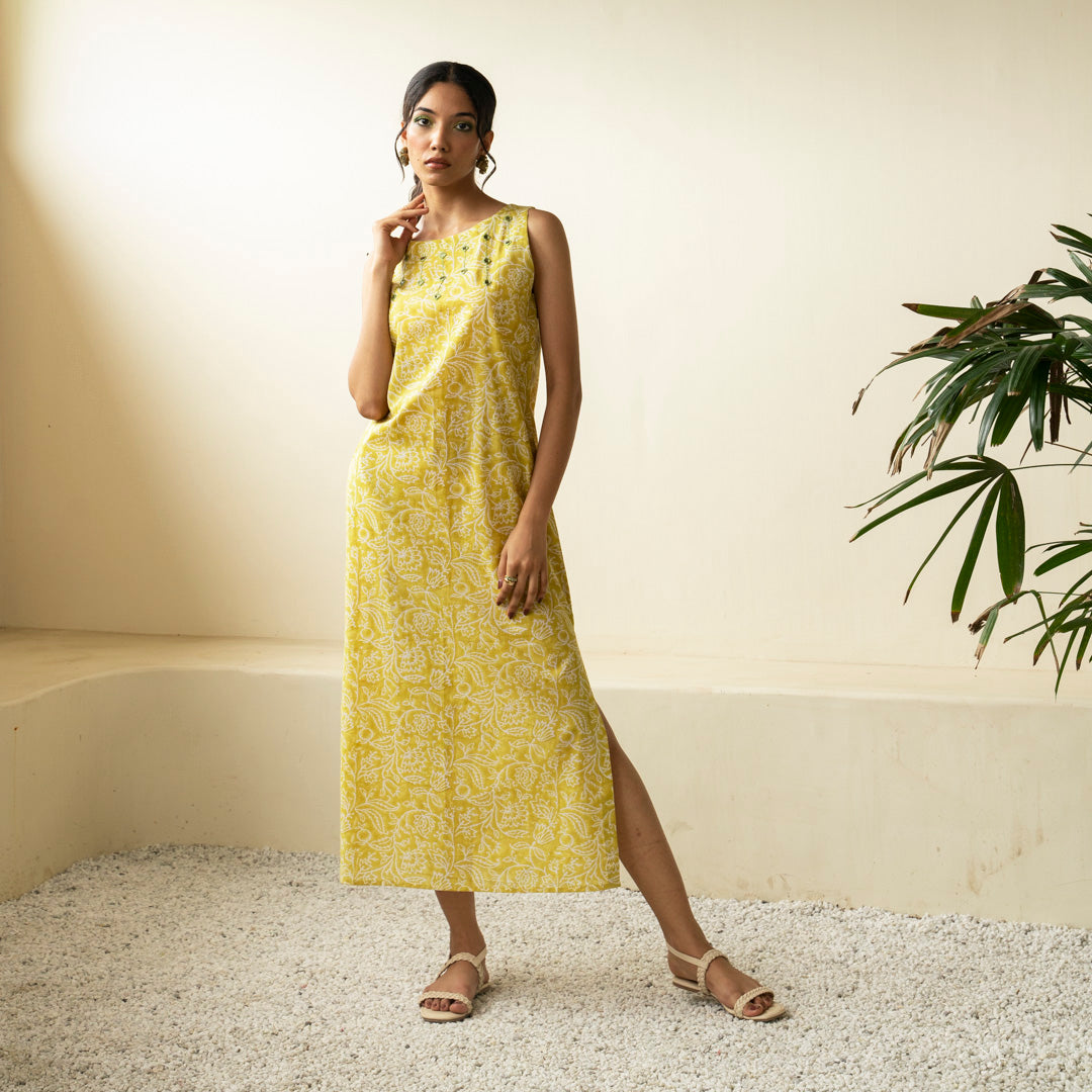 Chartreuse green hand block printed straight fit dress with V neck with embroidery detail neckline