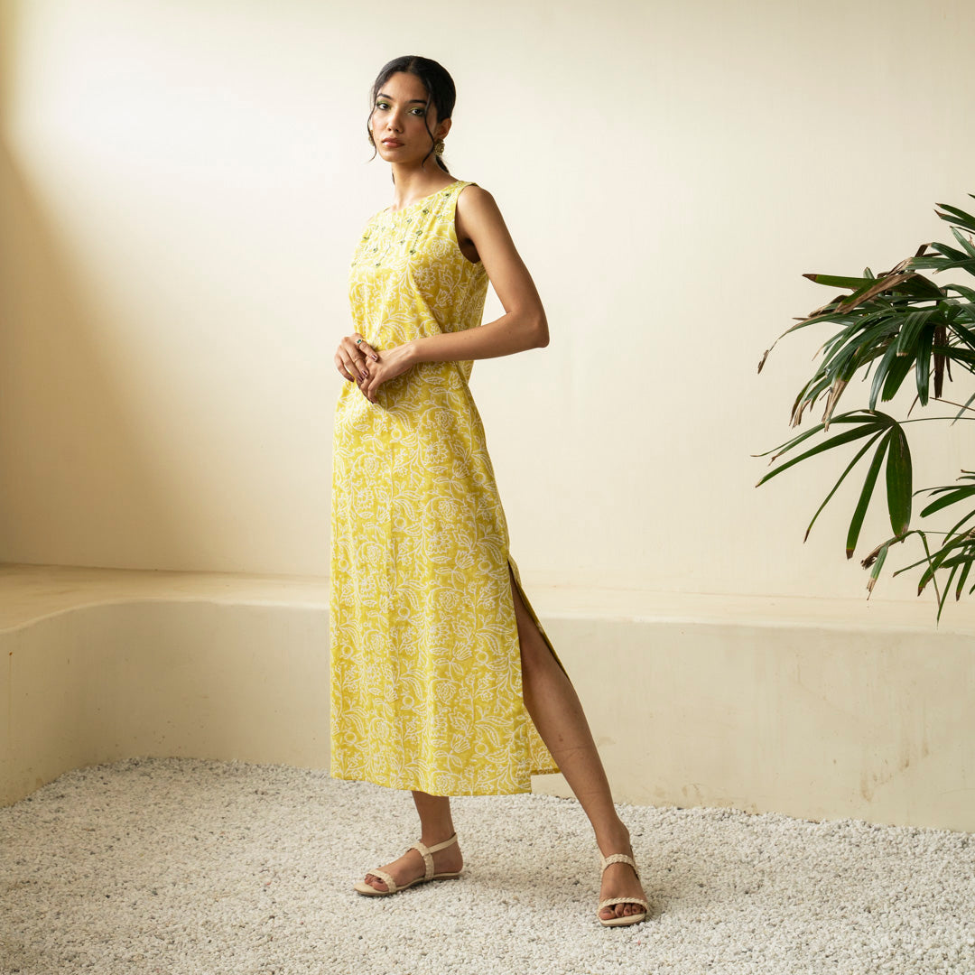 Chartreuse green hand block printed straight fit dress with V neck with embroidery detail neckline