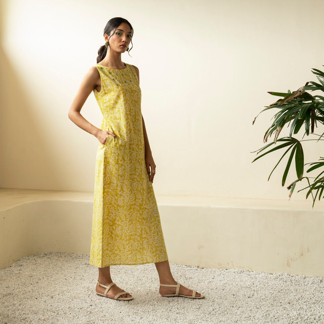 Chartreuse green hand block printed straight fit dress with V neck with embroidery detail neckline