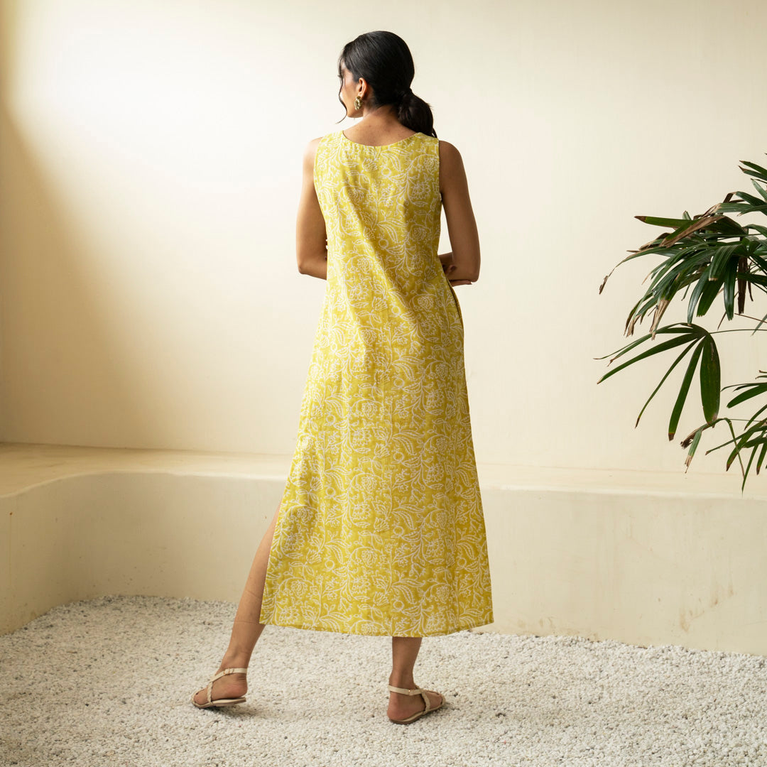 Chartreuse green hand block printed straight fit dress with V neck with embroidery detail neckline