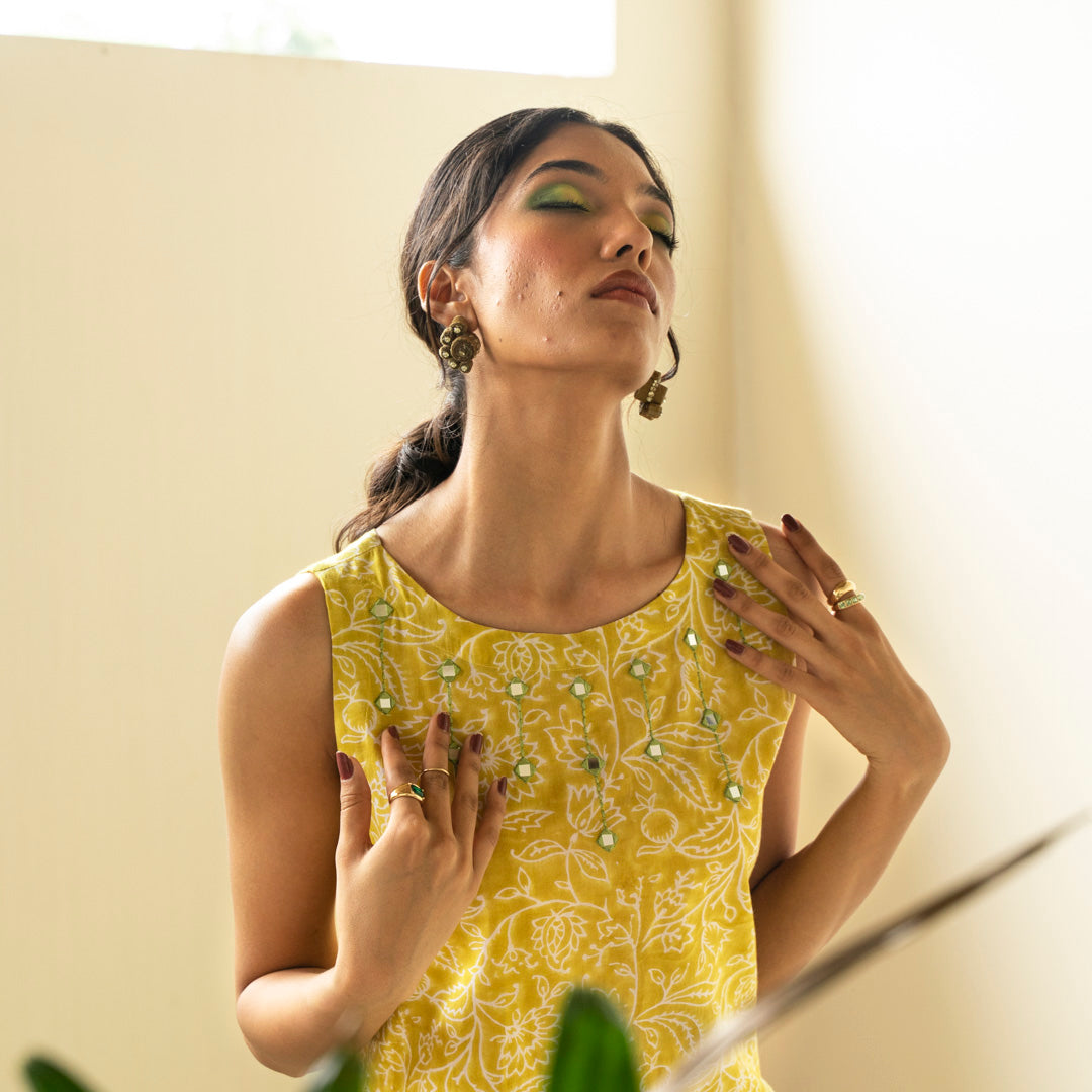 Chartreuse green hand block printed straight fit dress with V neck with embroidery detail neckline